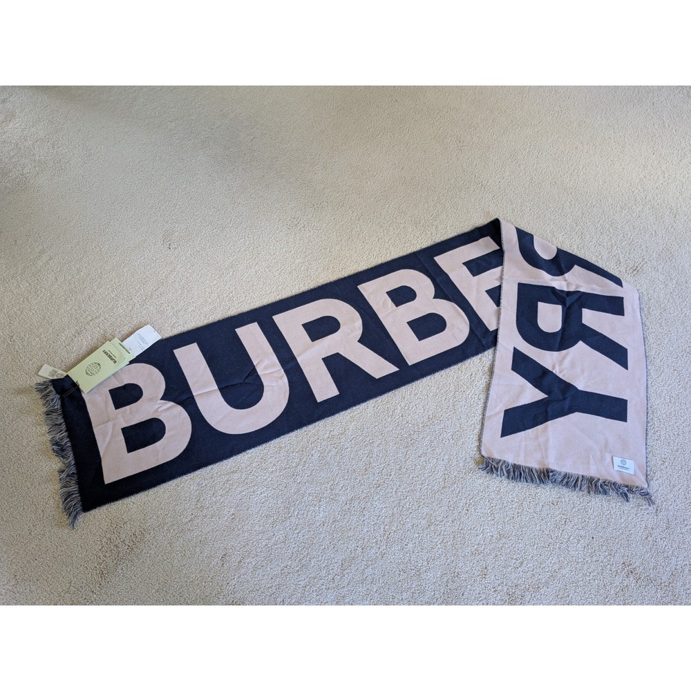 Burberry Blue and White Spellout Football Scarf 100% Wool NWT 80337151